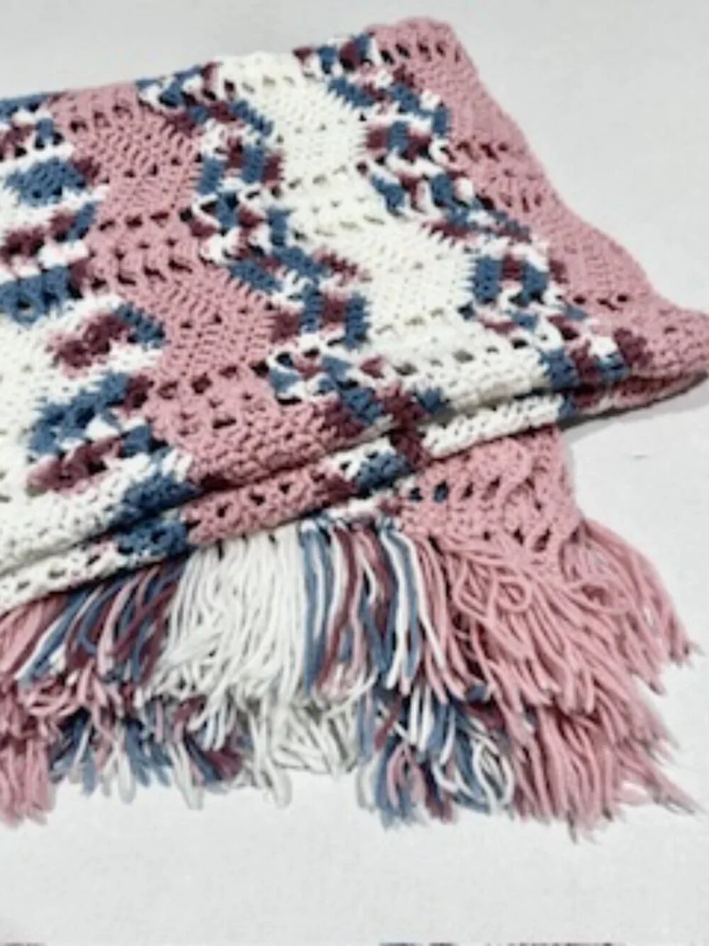 Handknit Crochet Afghan Throw Blanket Fringe Lacy Ripple Multicolor 45inx68in